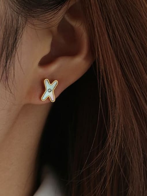 Five Color Brass Shell Letter Minimalist Stud Earring 1
