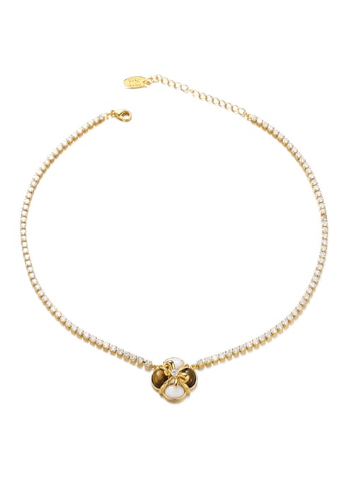 golden Brass Tiger Eye Geometric Vintage Cubic Zirconia Chain Necklace