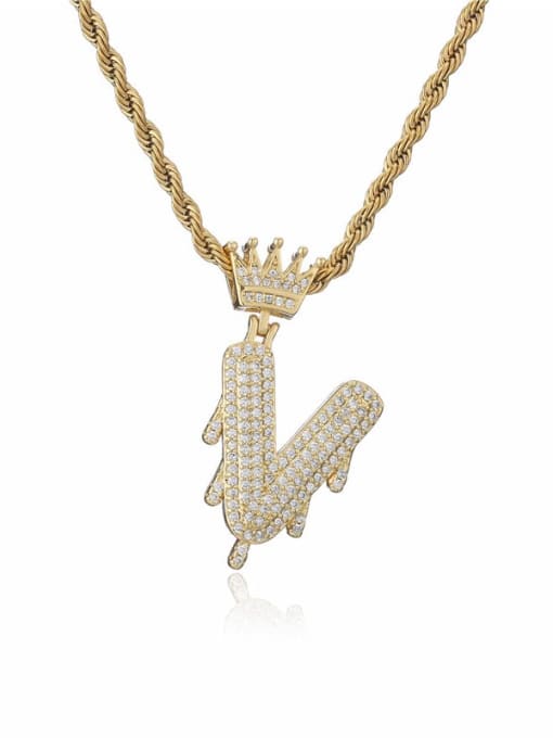 V Brass Cubic Zirconia Crown Hip Hop Letter Pendant Necklace