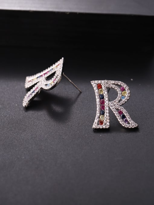 Color zircon R Brass Cubic Zirconia Letter Minimalist Stud Earring
