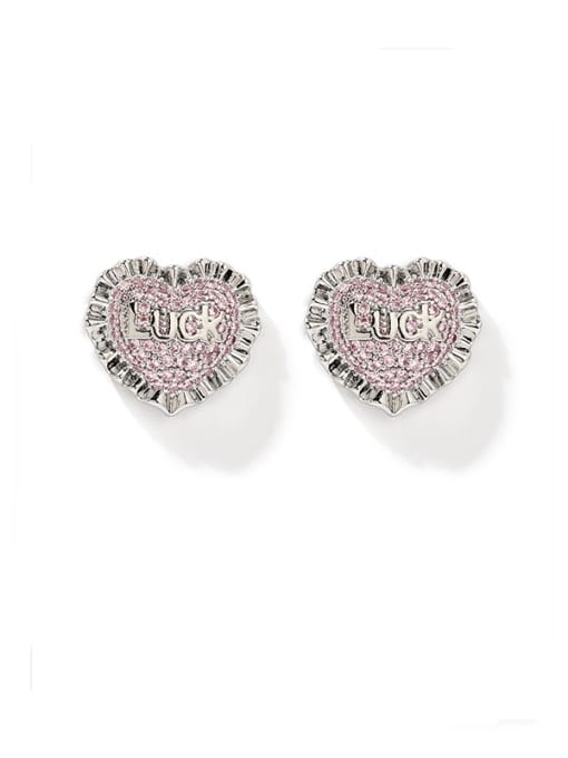 White gold +Pink Brass Cubic Zirconia Heart Vintage Stud Earring