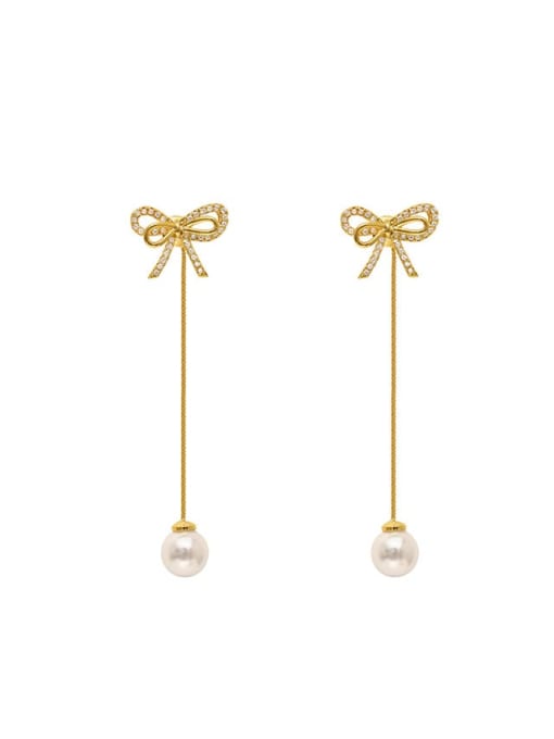 14k Gold Brass Imitation Pearl Bowknot Minimalist Drop Trend Korean Fashion Earring