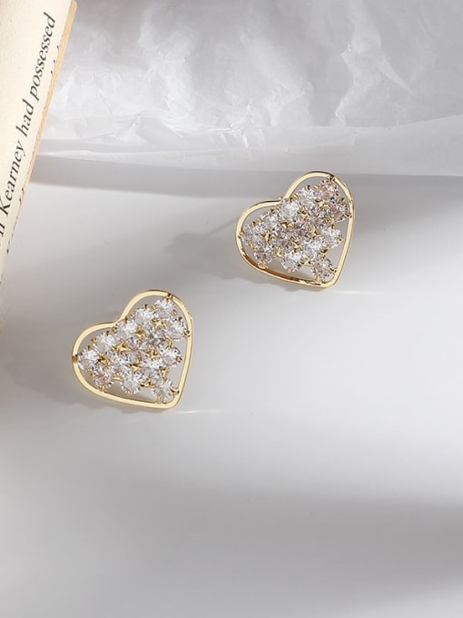 gold Copper Cubic Zirconia Heart Minimalist Stud Trend Korean Fashion Earring
