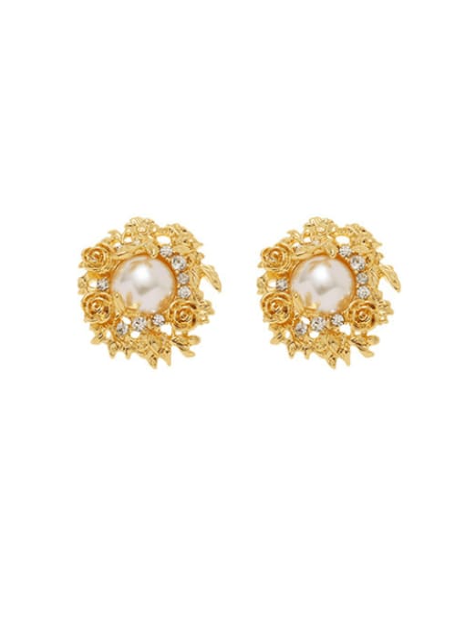 Five Color Brass Imitation Pearl Flower Vintage Stud Earring 0