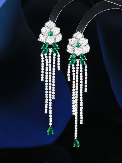 green Brass Cubic Zirconia Flower Tassel Luxury Cluster Earring