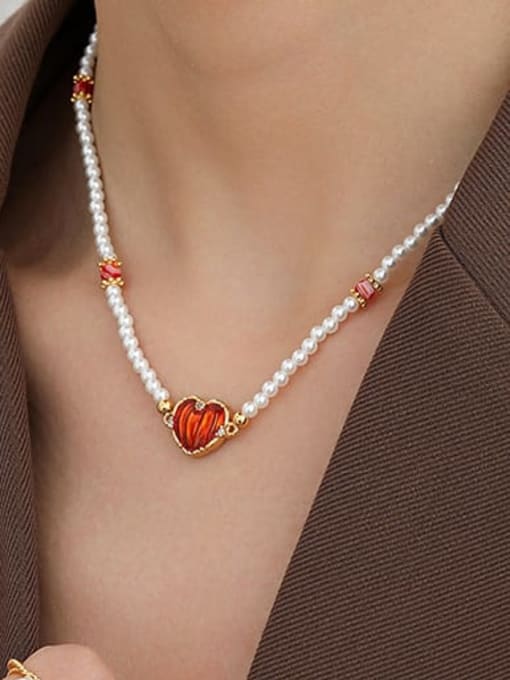 ACCA Brass Imitation Pearl Heart Hip Hop Necklace 1