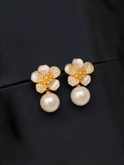 14K gold +white Brass Cubic Zirconia Enamel Flower Trend Drop Earring