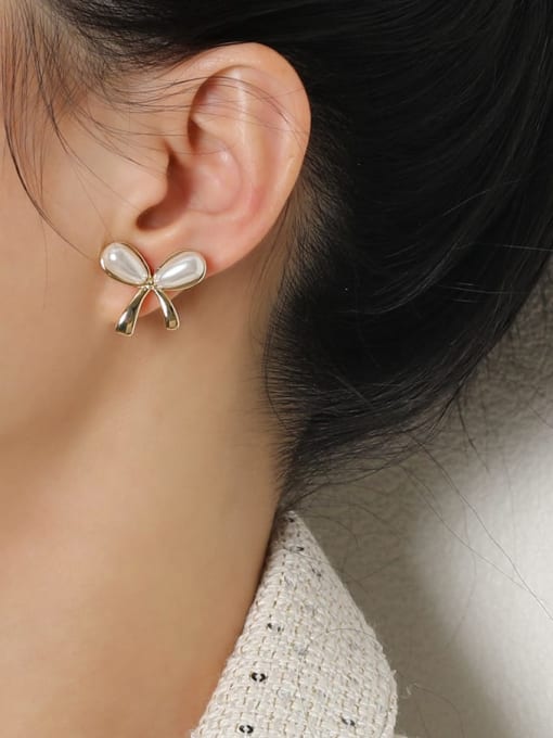 HYACINTH Brass Imitation Pearl Bowknot Minimalist Clip Earring 1