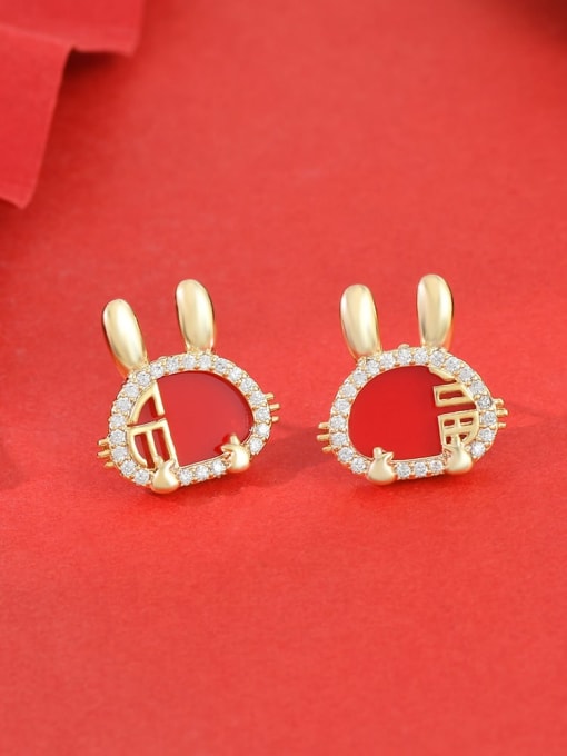 Gold ED66039 Brass Cubic Zirconia Enamel Rabbit Cute Stud Earring