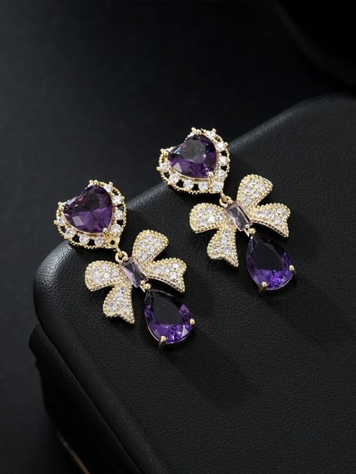 Golden Purple E776 Brass Cubic Zirconia Blue Bowknot Dainty Stud Earring