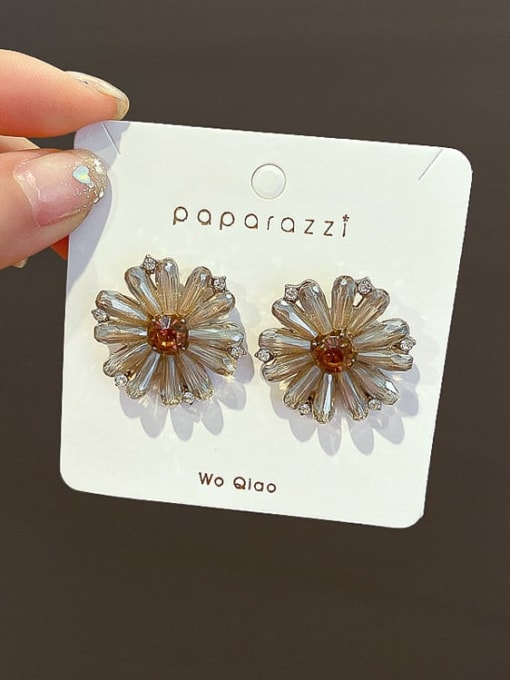 Yellow Mixed Metal Crystal Brown Flower Classic Stud Earring