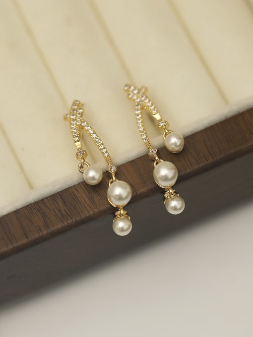 Light Gold Brass Imitation Pearl Cross Vintage Drop Earring
