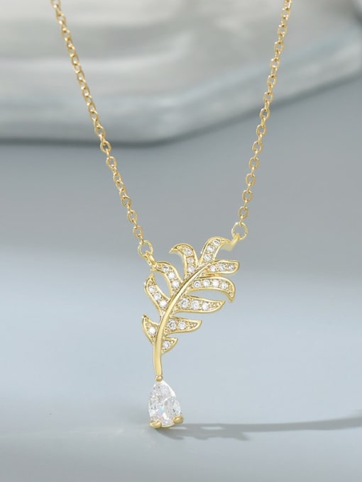 Gold XL62850 Brass Cubic Zirconia Feather Dainty Necklace
