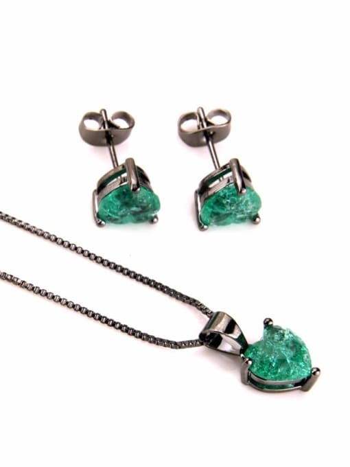 Black green zircon plating Brass Heart Cubic Zirconia Earring and Necklace Set