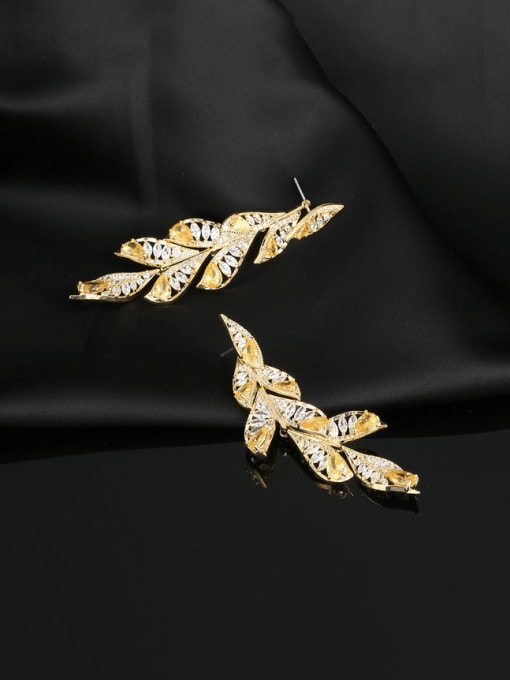 OUOU Brass Cubic Zirconia Leaf  Tassel Luxury Cluster Earring 1