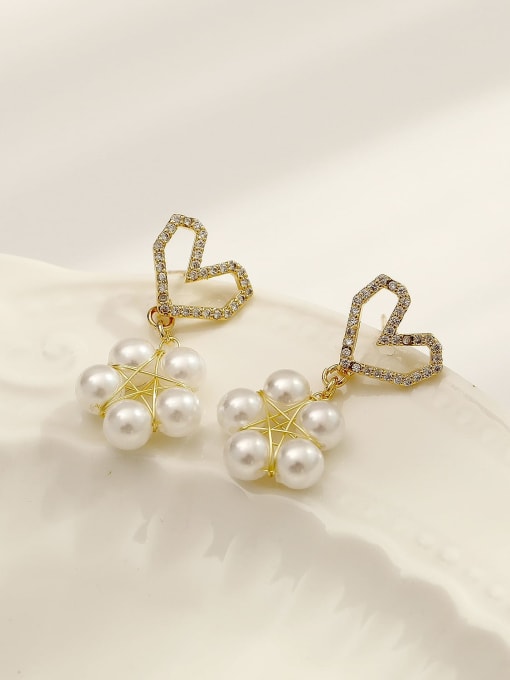 14k Gold Brass Imitation Pearl Heart Cute Drop Trend Korean Fashion Earring