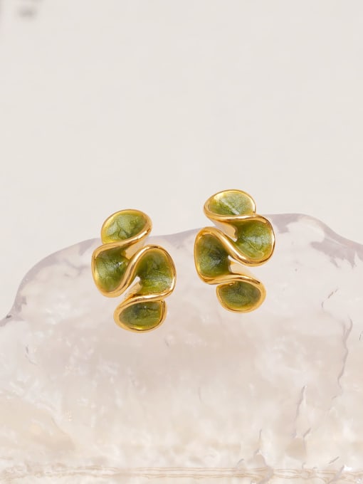 16K Golden Pearl Light Fruit Green Brass Enamel Irregular Minimalist Stud Earring