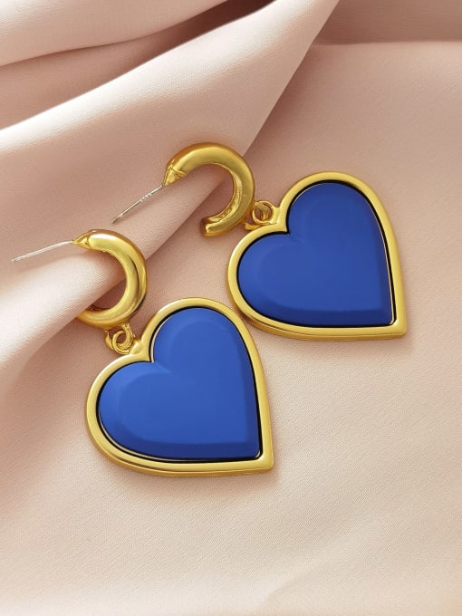Nostalgic Golden Blue Brass Enamel Heart Minimalist Huggie Earring