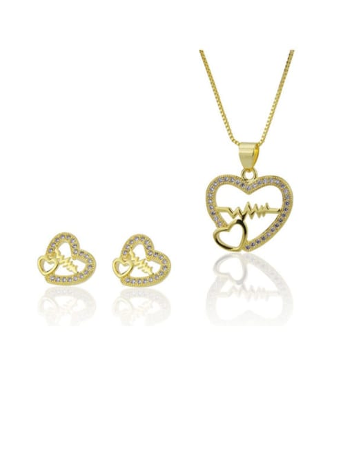 renchi Brass Rhinestone Dainty Heart  Earring and Necklace Set 1