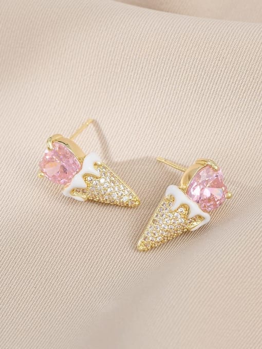 Gold ED00,373 Brass Cubic Zirconia Pink Ice cream Dainty Stud Earring