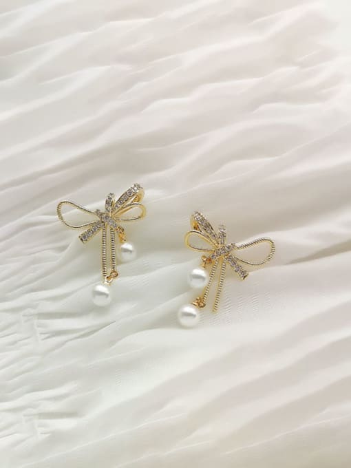 14K gold Brass Cubic Zirconia Bowknot Dainty Stud Trend Korean Fashion Earring