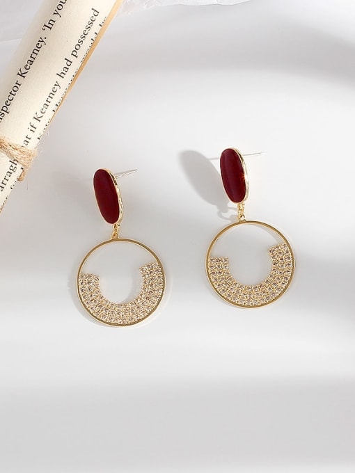 gold wine red Copper Cubic Zirconia Geometric Minimalist Stud Trend Korean Fashion Earring