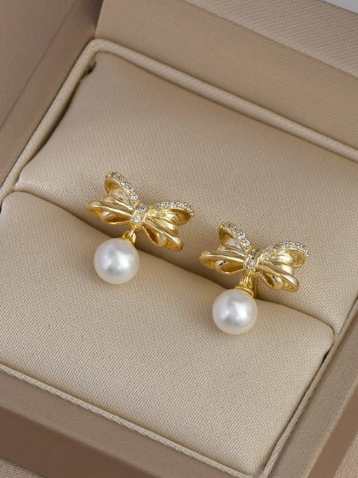 Gold ED66026 Brass Imitation Pearl Bowknot Dainty Stud Earring