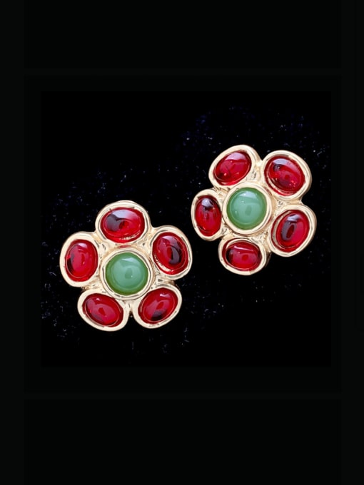 red Zinc Alloy Glass Stone Flower Vintage Stud Earring