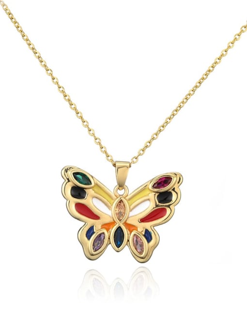 20959 Brass Cubic Zirconia Enamel Trend Butterfly  Pendant Necklace