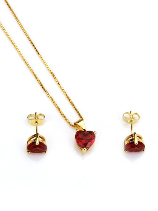 Gold Plated Red Brass Heart Cubic Zirconia Earring and Necklace Set