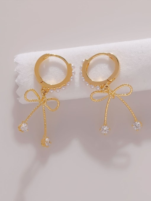 14k Gold Brass Artificial Pearl Bowknot Minimalist Huggie Earring