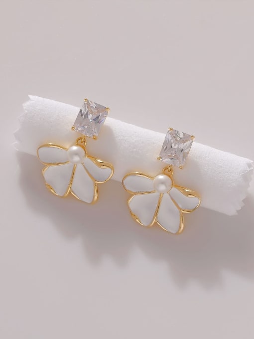 14k Gold Brass Enamel Flower Minimalist Drop Earring