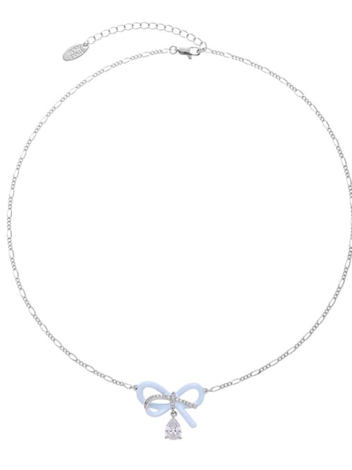 Sky Blue Dropping Oil Brass Cubic Zirconia Bowknot Dropping Oil Dainty Necklace