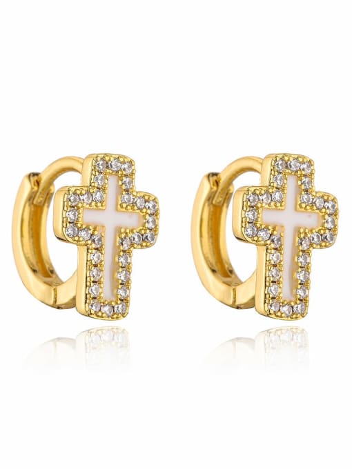 41676 Brass Cubic Zirconia Enamel Cross Dainty Huggie Earring