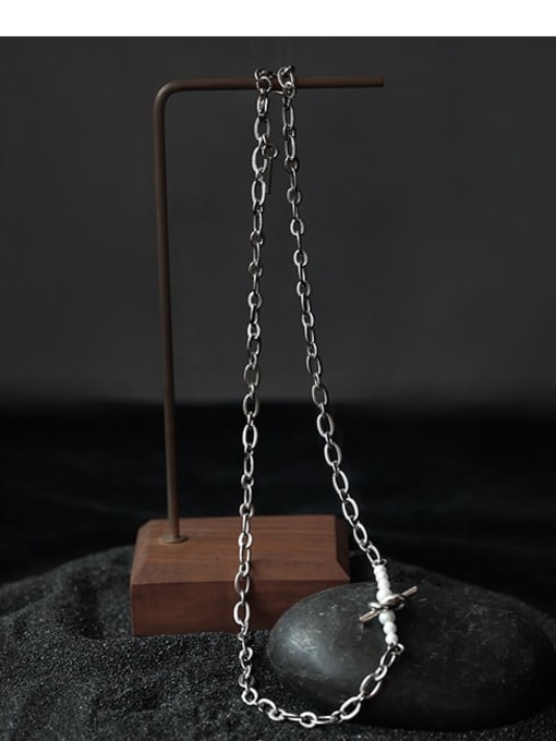 TINGS Titanium Steel Imitation Pearl Geometric Vintage Hollow Chain Necklace 3