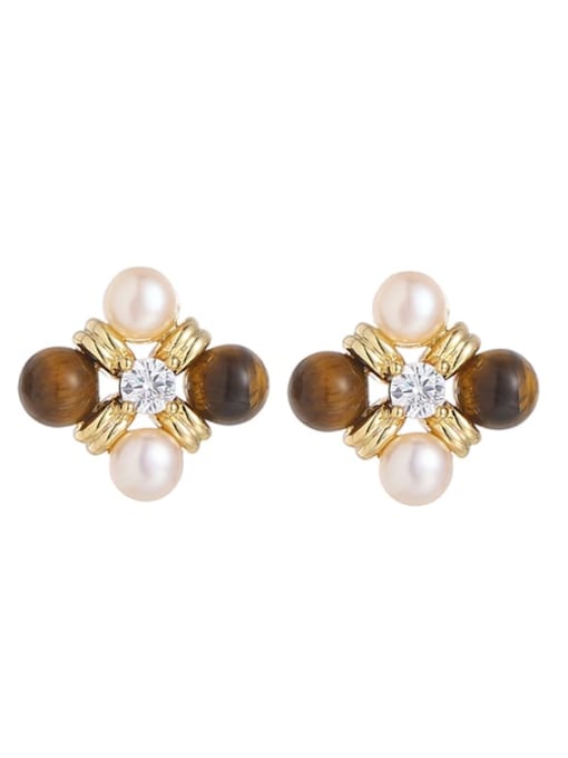 Option 3 Brass Imitation Pearl Flower Vintage Stud Earring