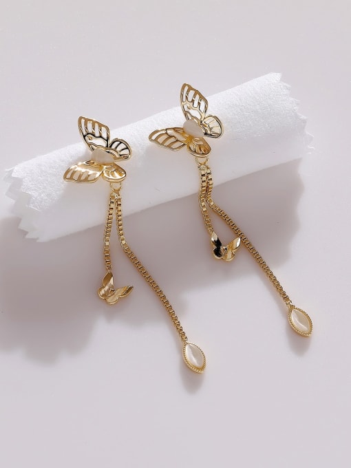 HYACINTH Brass Cats Eye  Butterfly Tassel Minimalist Drop Earring 3