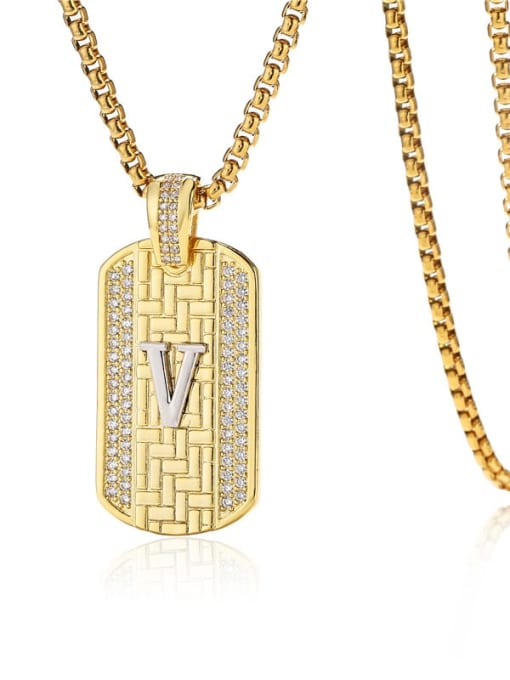 V Brass Cubic Zirconia Letter Vintage Geometric Pendant Necklace