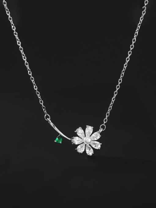 xl63972 platinum Brass Cubic Zirconia Flower Dainty Necklace