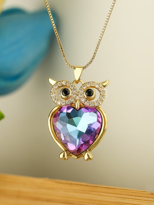 23293 Brass Glass Stone Owl Minimalist Necklace