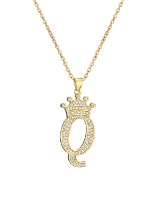 Q Brass Cubic Zirconia Crown Vintage Letter Pendant Necklace