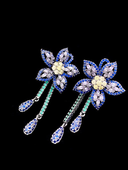 blue Brass Cubic Zirconia Flower Vintage Cluster Earring