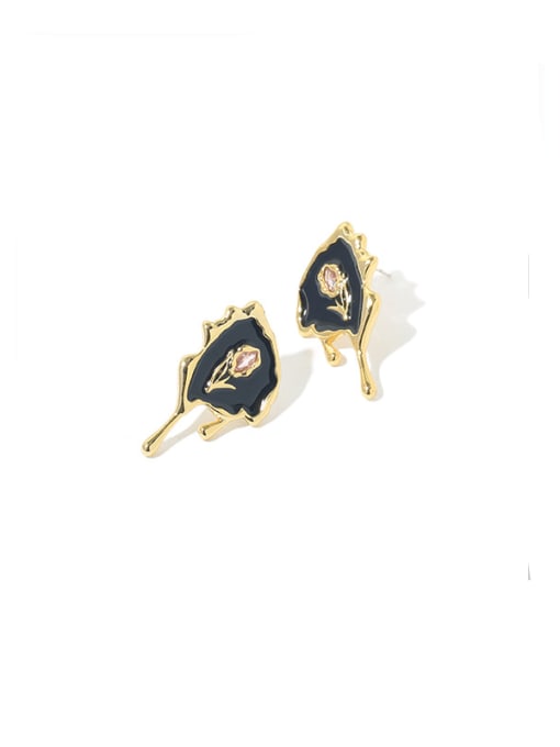 Black gold liquid Flower Earrings Brass Enamel Flower Vintage Stud Earring