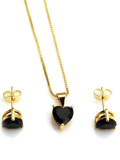Gold Plated Black zircon Brass Heart Cubic Zirconia Earring and Necklace Set