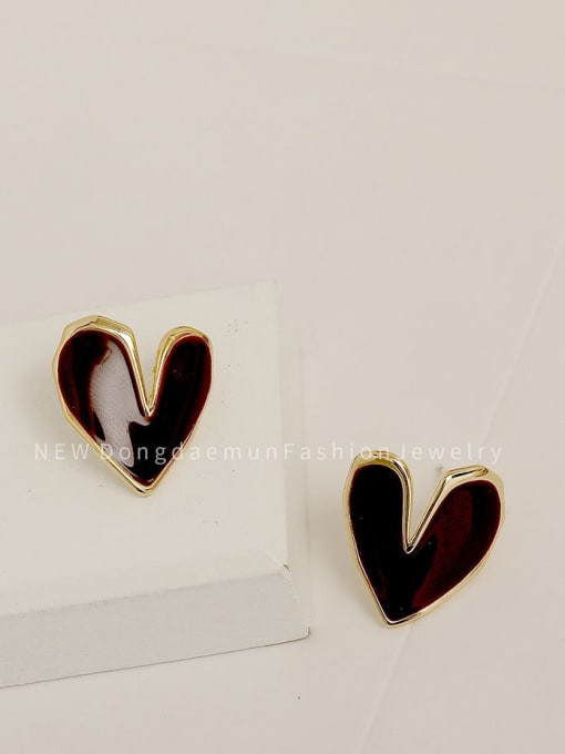 14k Gold Retro Red Brass Enamel Heart Minimalist Stud Trend Korean Fashion Earring