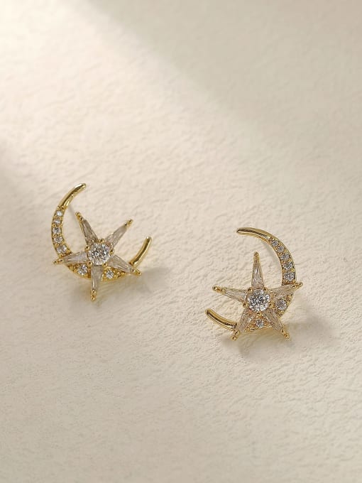 HYACINTH Brass Cubic Zirconia Moon Vintage Stud Trend Korean Fashion Earring 0