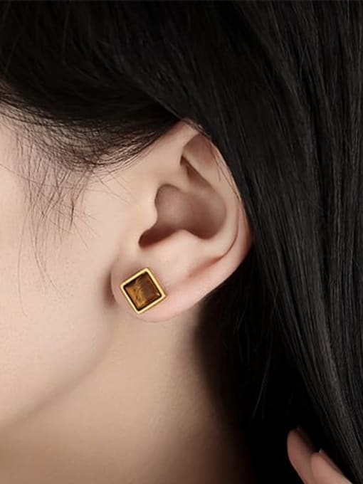 Five Color Brass Tiger Eye Geometric Minimalist Stud Earring 1