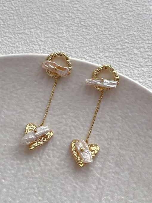 G69 Gold Pearl Tassel Love Earrings Brass Imitation Pearl Heart Minimalist Drop Earring