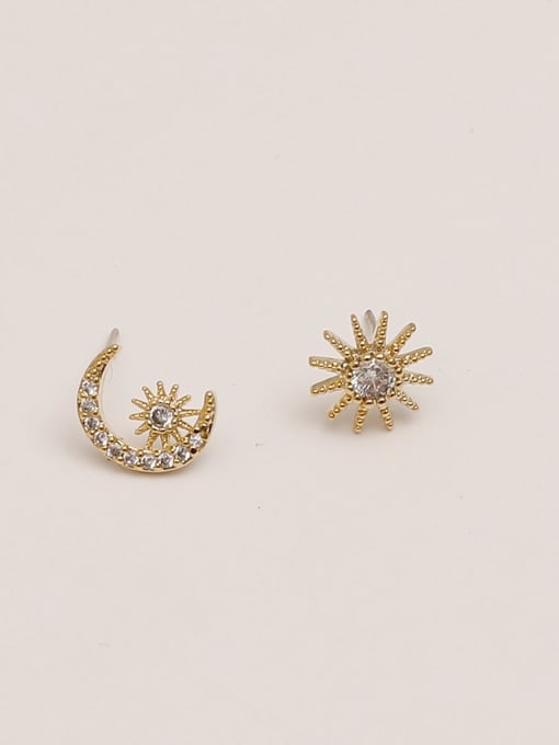 14K real gold Brass Cubic Zirconia Asymmetry  Star Moon  Vintage Stud Trend Korean Fashion Earring