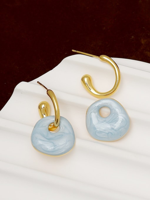 18k Gold Pearl Light Blue Brass Enamel Geometric Minimalist Drop Earring